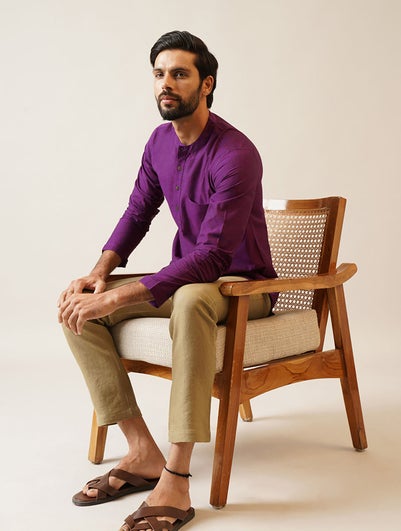 Men Wine Purple Cotton Mandarin Collar Regular Fit Kurta