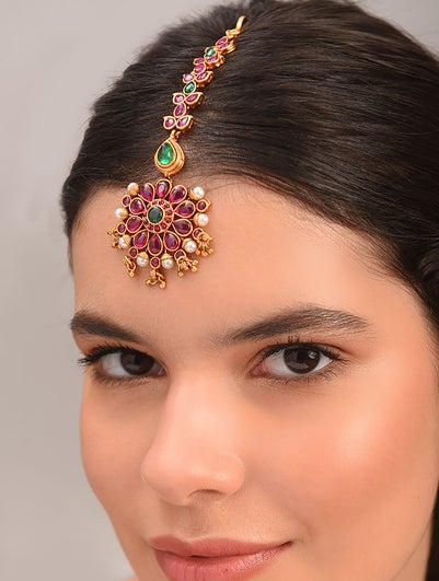 Women Pink Green Gold Tone Temple Maangtikka