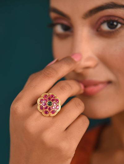 Women Pink Green Gold Tone Temple Ring