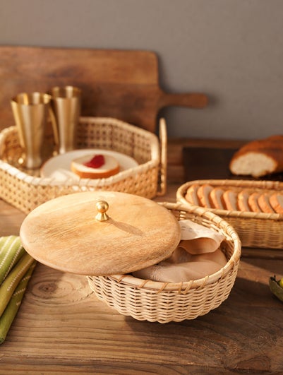 Handcrafted Cane Roti Box With Wooden Lid