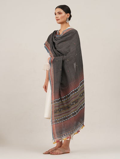 Women Black Handwoven Bhujodi Cotton Dupatta