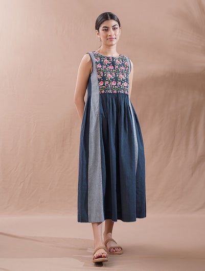 Women Blue Cotton Embroidered Round Neck Embroidered Dress