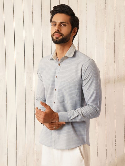 Men Grey Cotton Self Design Shirt Collar Regular Fit Shirt - 38