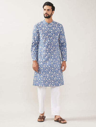 Men Multicolor Block Printed Cotton Long Kurta