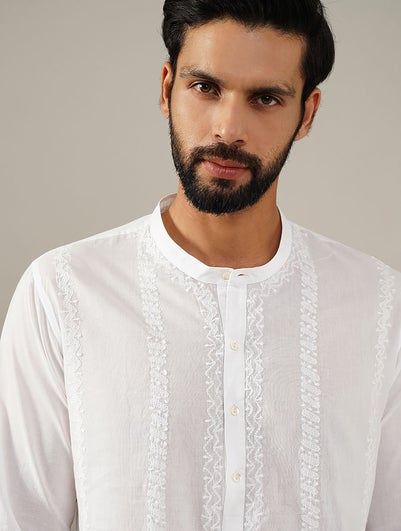 Men White Cotton Chikankari Mandarin Collar Regular Fit Kurta