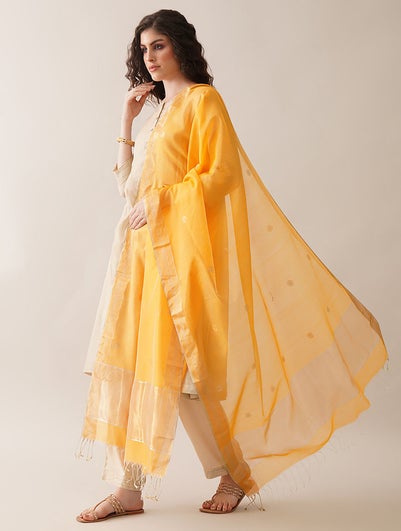 Women Yellow Cotton Silk Chanderi Dupatta