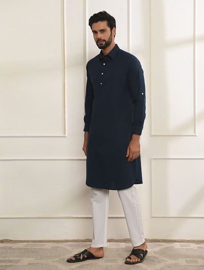 Men Indigo Blue Cotton Shirt Collar Regular Fit Kurta