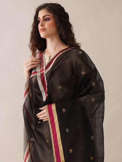 Women Black Cotton Silk Chanderi Dupatta