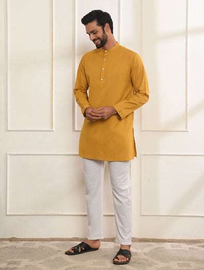 Men Mustard Yellow Cotton Mandarin Collar Regular Fit Kurta - 42