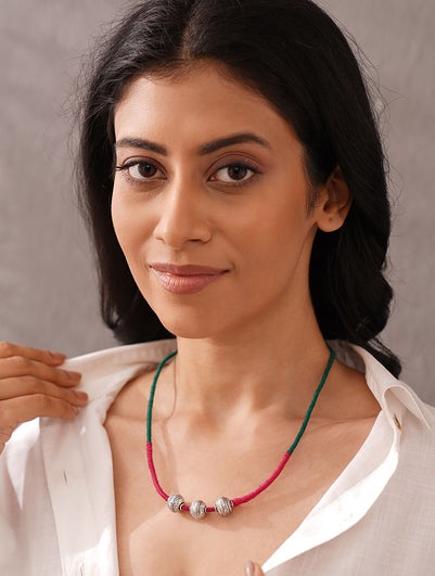 Women Pink Green Tribal Silver Thread Necklace