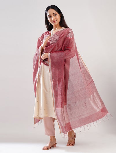 Women Pink Handwoven Chanderi Cotton Silk Dupatta