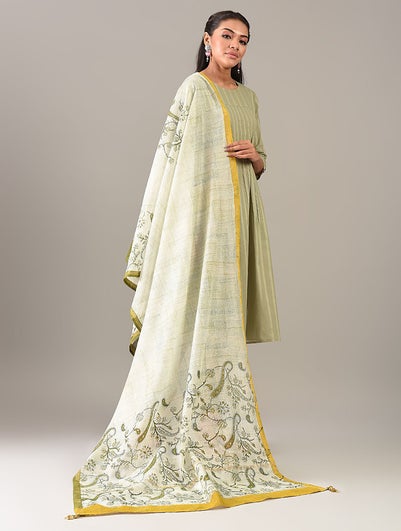 Women Green Block Printed Cotton Silk Dupatta