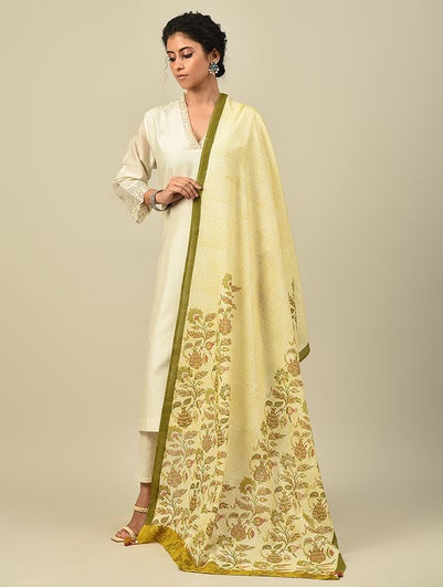 Women Yellow Cotton Block Print Dupatta