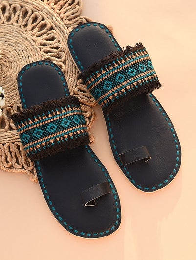 Women Navy Blue Handcrafted Genuine Leather Kolhapuri Flats