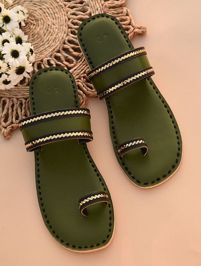 Women Green Leather Embroidered Open Back One Toe Flats Kolhapuri - EU-36