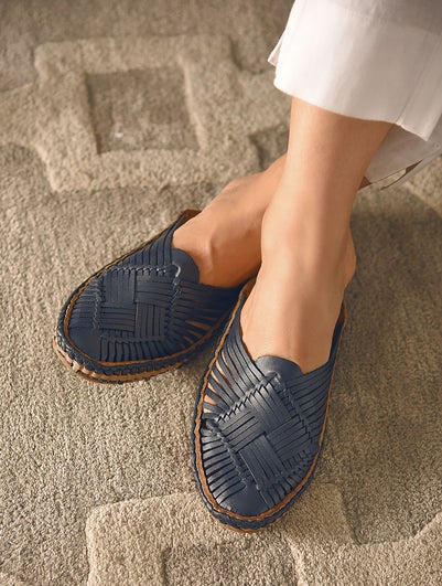 Women Navy Blue Handcrafted Genuine Leather Mules - EU-36