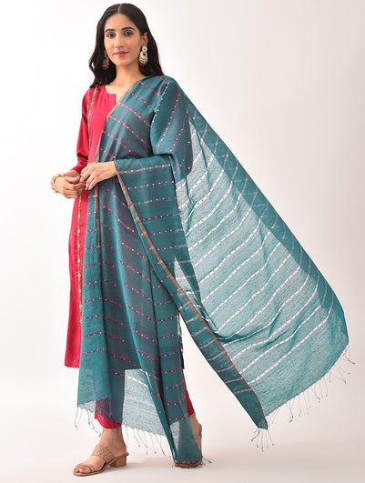 Women Teal Blue Tissue Silk Dupatta