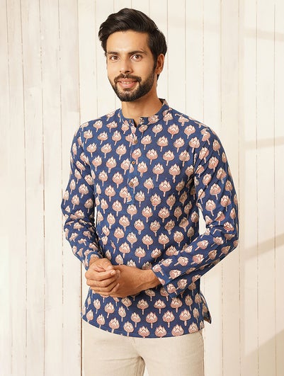 Men Multicolour Cotton Block Print Mandarin Collar Regular Fit Kurta - 38