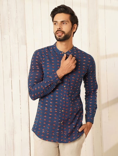 Men Multicolour Cotton Printed Mandarin Collar Regular Fit Shirt - 38