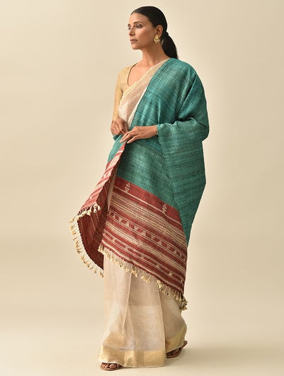 Women Teal Handwoven Bhujodi Silk Wool Shawl