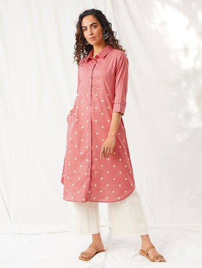 Women Coral Red Cotton Printed Shirt Collar Dress - XS