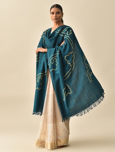 Women Blue Handwoven Bhujodi And Bandhani Wool Shawl