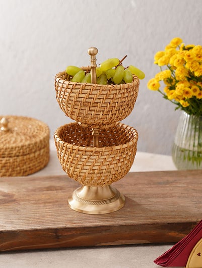 Handcrafted Rattan And Brass 2 Tier Serving Basket