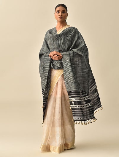 Women Black Handwoven Bhujodi Silk Wool Shawl