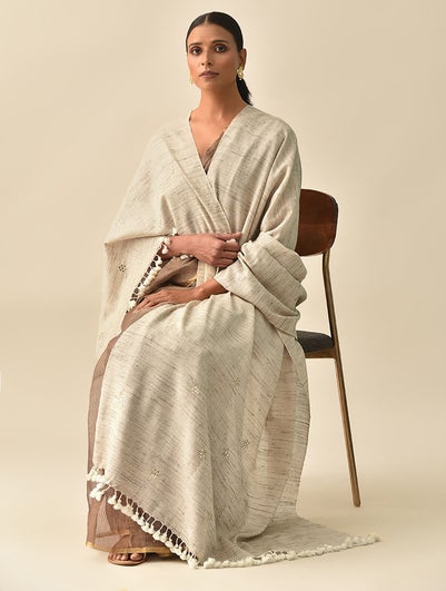 Women Ivory Handwoven Bhujodi Silk Wool Shawl