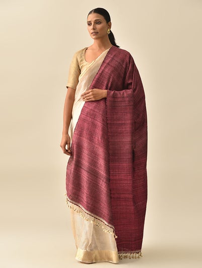 Women Burgundy Handwoven Bhujodi Silk Wool Shawl