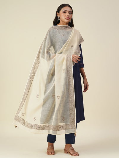 Women Natural White Kota Chikankari Dupatta