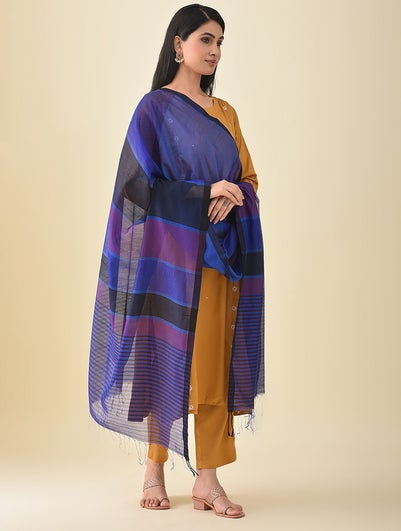 Women Blue Handwoven Cotton Silk Dupatta