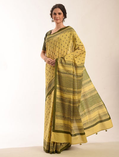 Women Yellow Block Printed Voil Saree