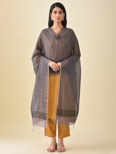 Women Black Silk Hand Woven Dupatta