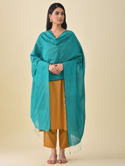 Women Green Silk Hand Woven Dupatta