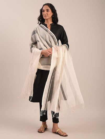 Women Off White_Cream Cotton Silk Maheshwari Dupatta