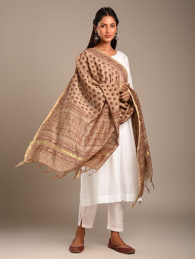 Women Beige Brown Cotton Silk Kalamkari Dupatta