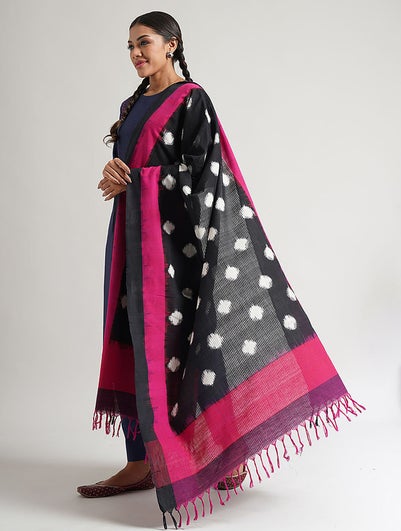 Women Black Handwoven Ikat Cotton Dupatta