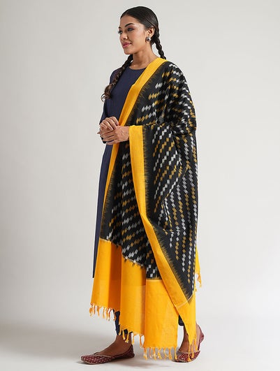 Women Black Handwoven Ikat Cotton Dupatta