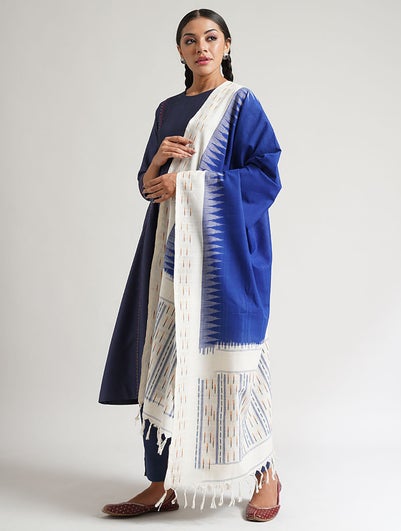 Women Blue Handwoven Ikat Cotton Dupatta