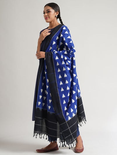 Women Blue Handwoven Ikat Cotton Dupatta