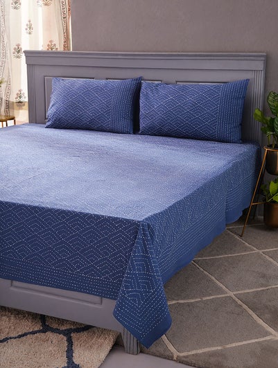 Blue Hand Crafted Cotton Block Print Bedcover