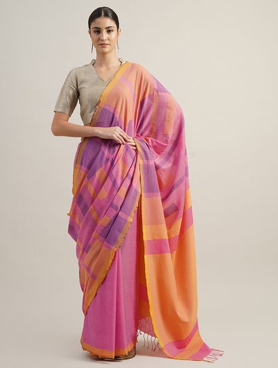 Women Pink Handwoven Cotton Saree