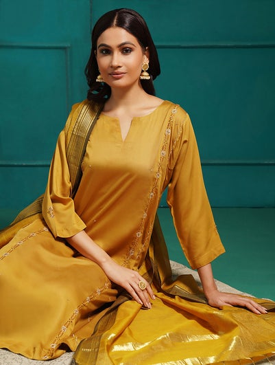 Women Mustard Yellow Modal Embroidered Round Neck Straight Kurta With Pant - XS