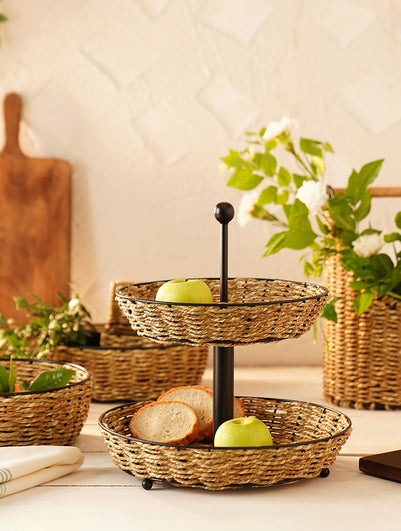 Seagrass And Iron Wired 2-Tier Serving Tray