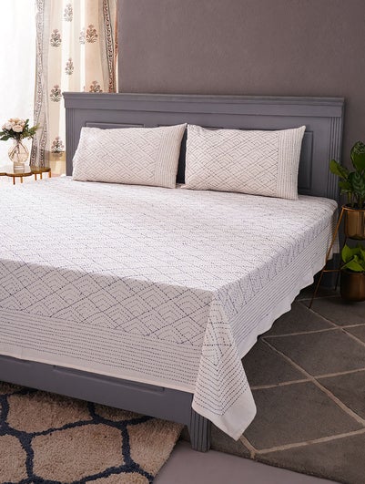 White Hand Crafted Cotton Block Print Bedcover