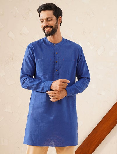 Men Cobalt Blue Cotton Linen Mandarin Collar Regular Fit Kurta