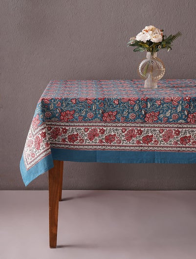 Blue Cotton Rectangle Block Print Table Cloth