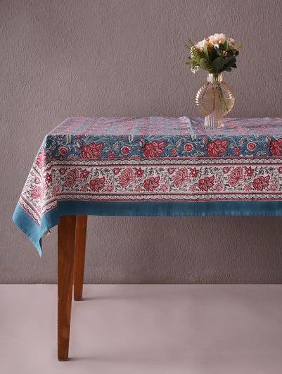 Blue Cotton Rectangle Block Print Table Cloth