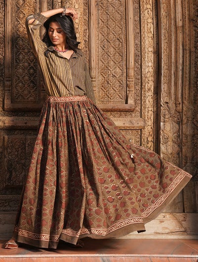 Women Beige Brown Cotton Dabu Full Length Skirt